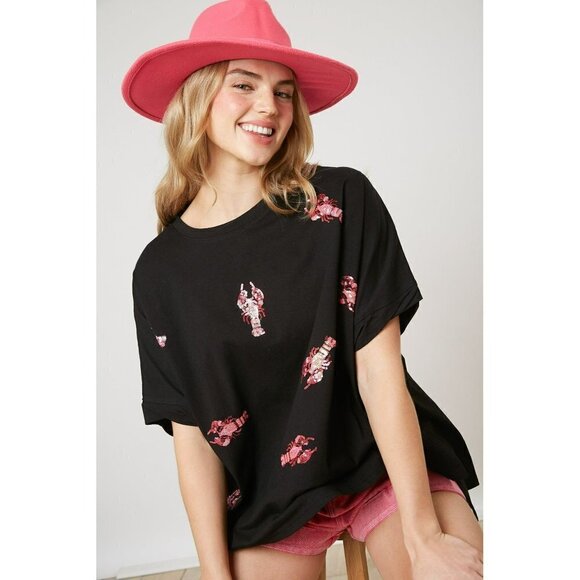 Fantastic Fawn Tops - Lobster Party Sequin Patch Oversized Shirt in Black